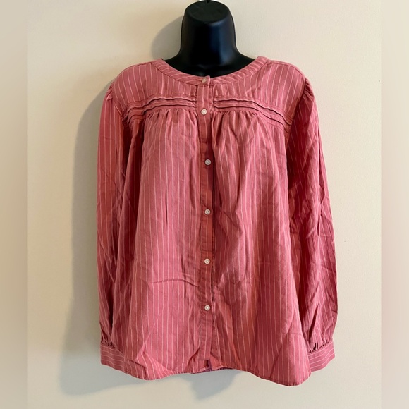 LOFT Tops - Women's LOFT Coral Pink White Striped Button Up Flowy Long Slv Blouse - Size XL